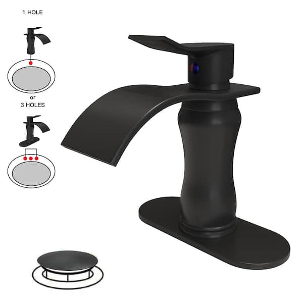 BWE Waterfall Single Hole Single-Handle Low-Arc Bathroom Faucet With Pop-up Drain Assembly in Matte Black