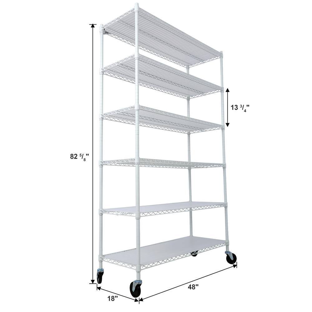 White Heavy Duty 6-Tier Metal Storage Rack with Wheels