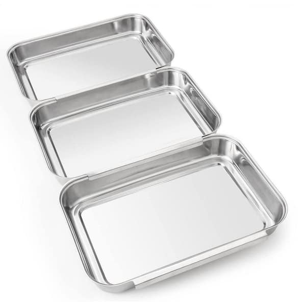 Silver Stainless Steel Kitchen Tray Set with Interlocking Non-Slip Design, Dishwasher and Oven Safe, 3 Piece