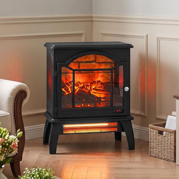 18 in. Freestanding Infrared Quartz 400 sq. ft. Electric Fireplace Stove 3D Flame, Remote Control in Black