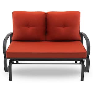 2-Person Metal Patio Glider Bench Rocking Loveseat with Armrest Red Cushion