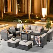 New Vultros Gray 8-Piece Wicker Patio Fire Pit Conversation Seating Set with Beige Cushions