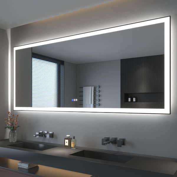 88 in. W x 38 in. H Rectangular Framed LED Anti-Fog Wall Bathroom Vanity Mirror in Black with Backlit and Front Light