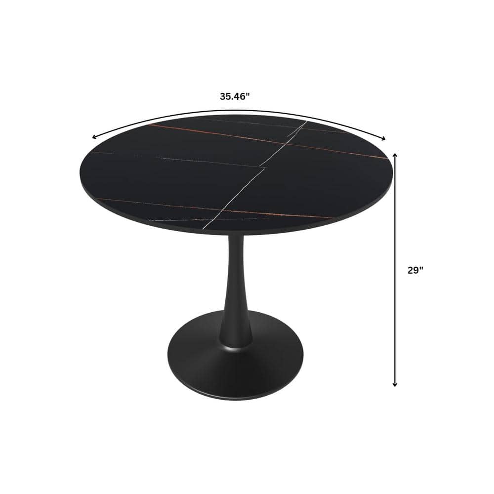 Bristol 35" Round Black Sintered Stone Dining Table with Steel Base