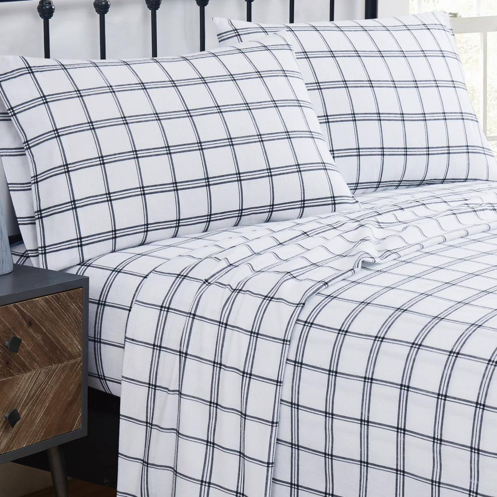 King White and Black Cotton Flannel Plaid Sheet Set