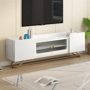White Modern TV Stand Fits TVs up to 65 in. with Fluted Glass, Faux Marble Top and Gold Frame Base