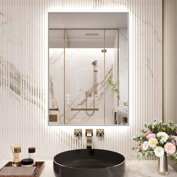 24 in. W x 32 in. H Rectangular Frameless Tilt Dimmable LED Light Anti-Fog Wall Bathroom Vanity Mirror Super Bright