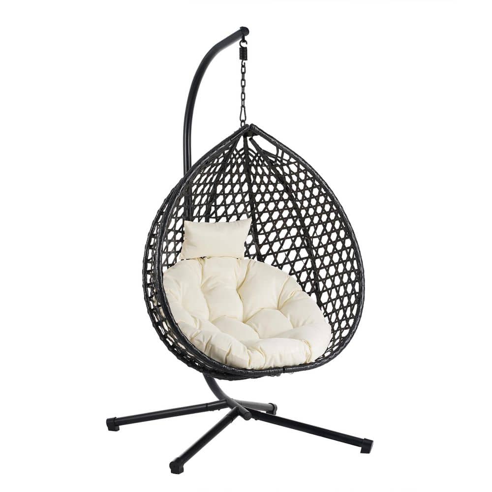 1-Person Metal Patio Swing Egg Chair with Charcoal Chair and Beige Cushions