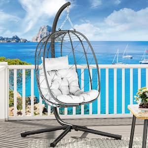 Silver Hanging Egg Chair with Stand Swing Chair Wicker Hammock Egg Chair with Cushions