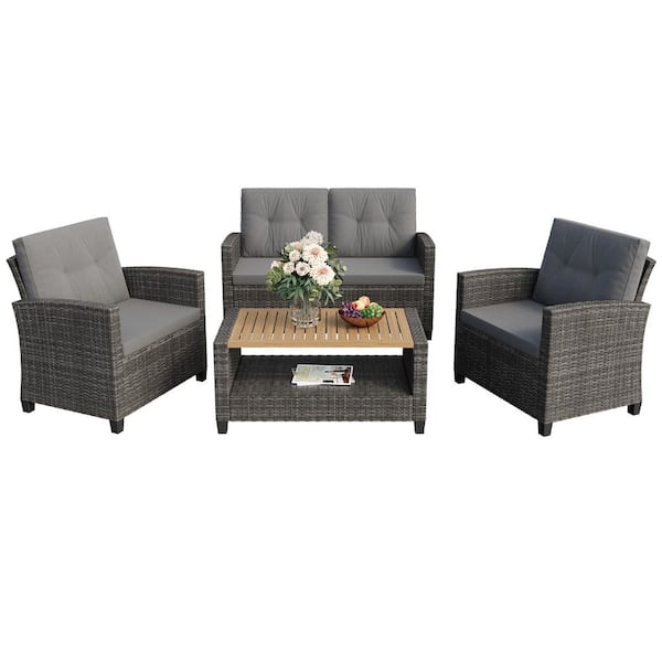 Grey 4-Piece Wicker Patio Furniture Set with 2-Tier Coffee Table