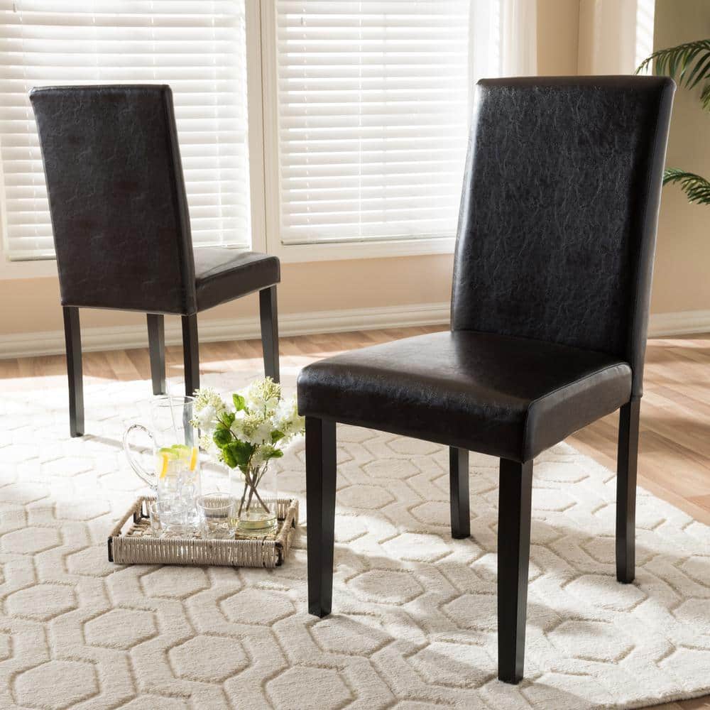 Set of 2 High-Back Brown Faux Leather Upholstered Parsons Dining Chairs
