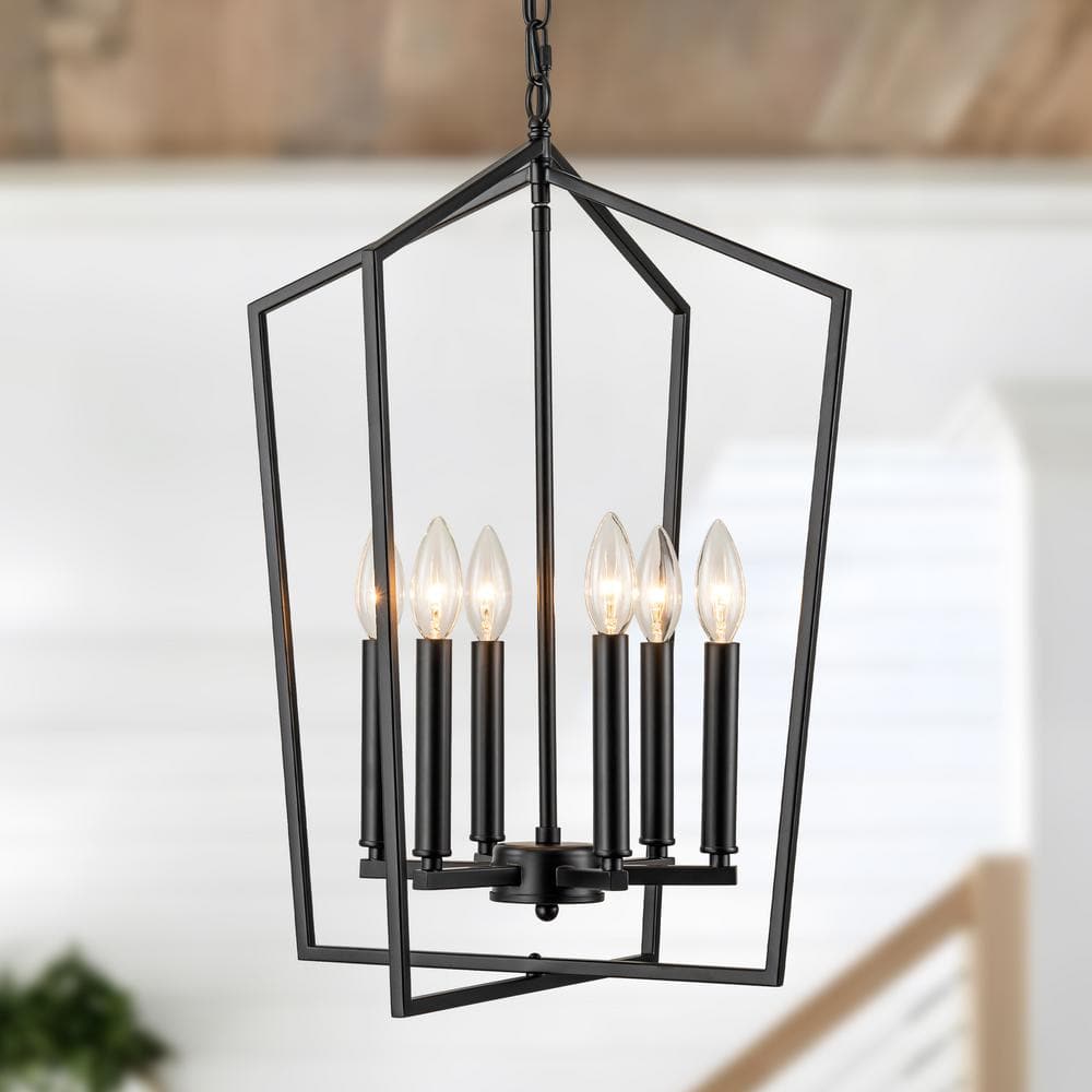 6 LIghts Matte Black Industrial Transitional Cage Candle Pendant Light