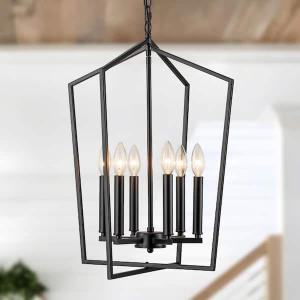 GoYeel 6 LIghts Matte Black Industrial Transitional Cage Candle Pendant Light