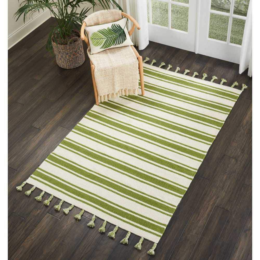 Ivory and Green Striped 4' x 6' Wool Cotton Reversible Rug