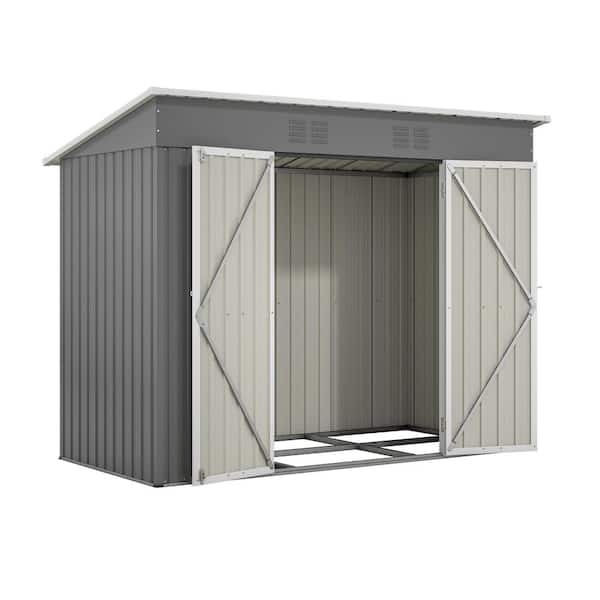 BTMWAY Gray 8 ft. W x 4 ft. D Galvanized Steel Outdoor Metal Storage Shed Tool Shed with Double Doors and Lock(32 sq. ft. )