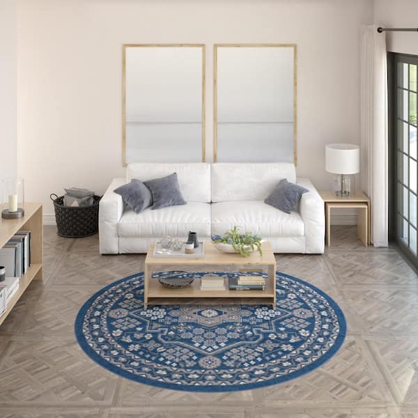 Hampton Oriental Navy 6 ft. Round Indoor Area Rug