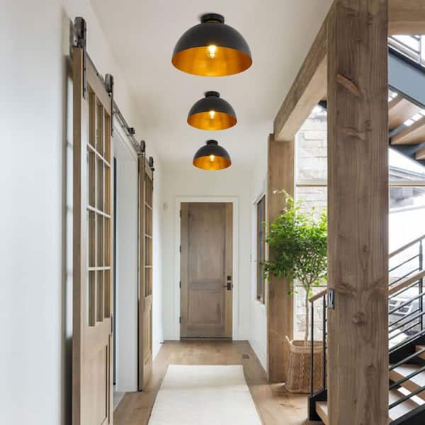 Doma 1-Light 15.7 in. W Matte Black Semi-Flush Mount Industrial Farmhouse Barn Dome Ceiling Light for Kitchen