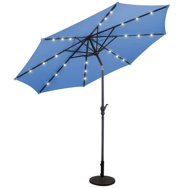 10 ft. Market Patio Umbrella in Blue with LED Light Outdoor Solar Umbrella with Crank and Push Button Tilt