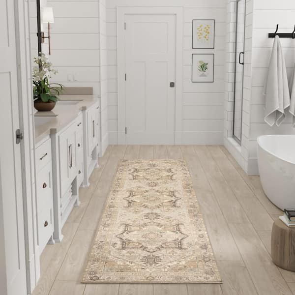 Vintage Washables Coral Mint 2 ft. x 8 ft. Center Medallion Traditional Runner Area Rug