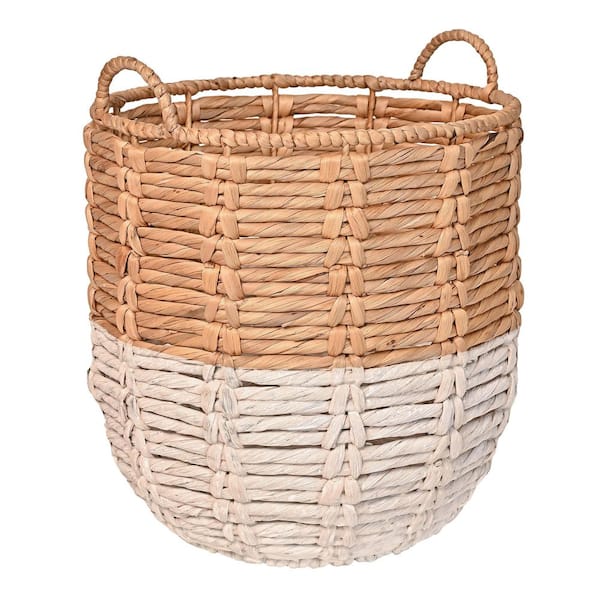 happimess Laurel Brown 16.54 in. x 19.49 in. Bohemian Handwoven Wicker Abaca Hamper Decorative Basket with Handles, Natural/White