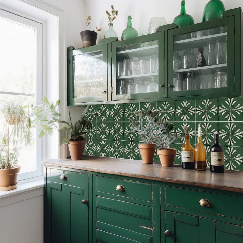 Vintage Dark Green and White Vinyl Tile Stickers, 4x4-inch