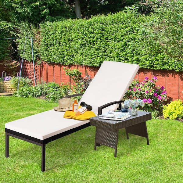Adjustable Rattan Chaise Recliner Lounge Chair Patio Outdoor with Cushion