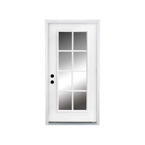 36 in. x 80 in. Flush Left-Hand 1 Lite Decorative Glass White Fiberglass Prehung Front Door with Threshold, Hinge
