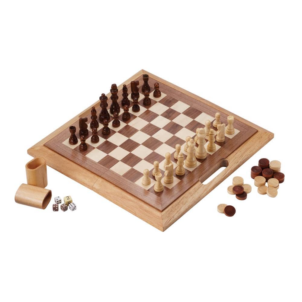 Natural and Dark Brown Wooden 3-in-1 Chess, Checkers, Backgammon Set