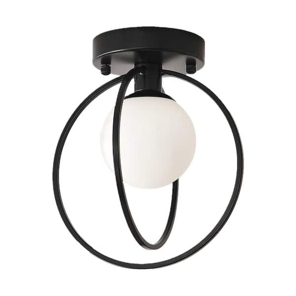 Modern 9.1 in. 1-Light Black Semi-Flush Mount Ceiling Light with Globe Glass Shade