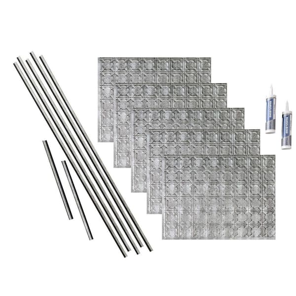 Fasade Traditional 6 18 in. x 24 in. Crosshatch Silver Vinyl Decorative Wall Tile Backsplash 15 sq. ft. Kit
