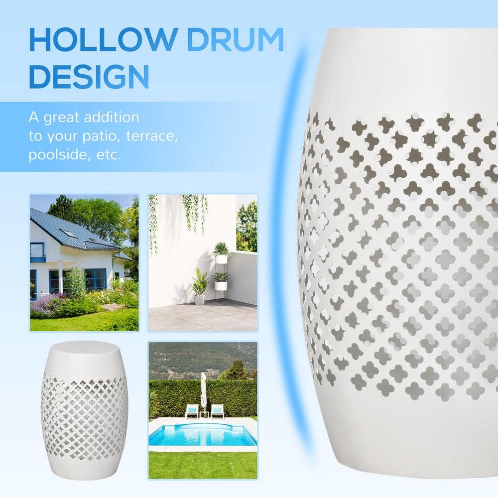 White Steel Round Patio End Table with Hollow Drum Design