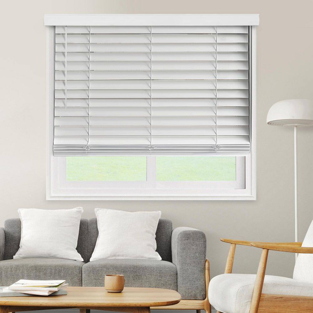 White Cordless Faux Wood Venetian Blinds, 66"W x 36"H
