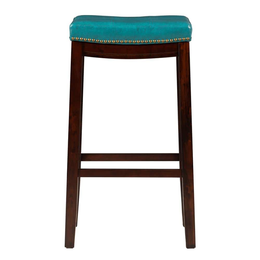 Claridge Dark Brown & Blue Faux Leather 32" Backless Saddle Bar Stool