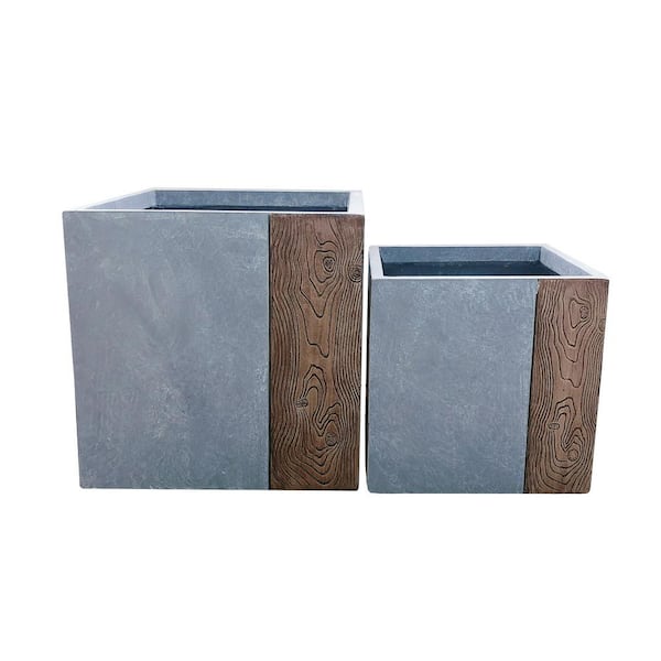 KANTE Kante Lightweight Concrete Modern Square Outdoor Planter Set, 16 in. and 12 in. Tall, Timber Ridge