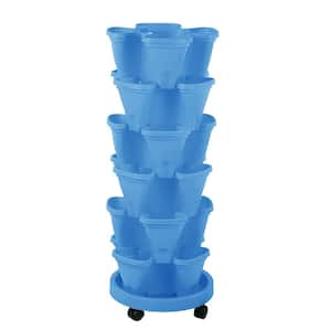 6-Tier Blue Plastic Vertical Stackable Planter Tower with Removable Wheels, Indoor Outdoor Gardening Pots (24-Pots)