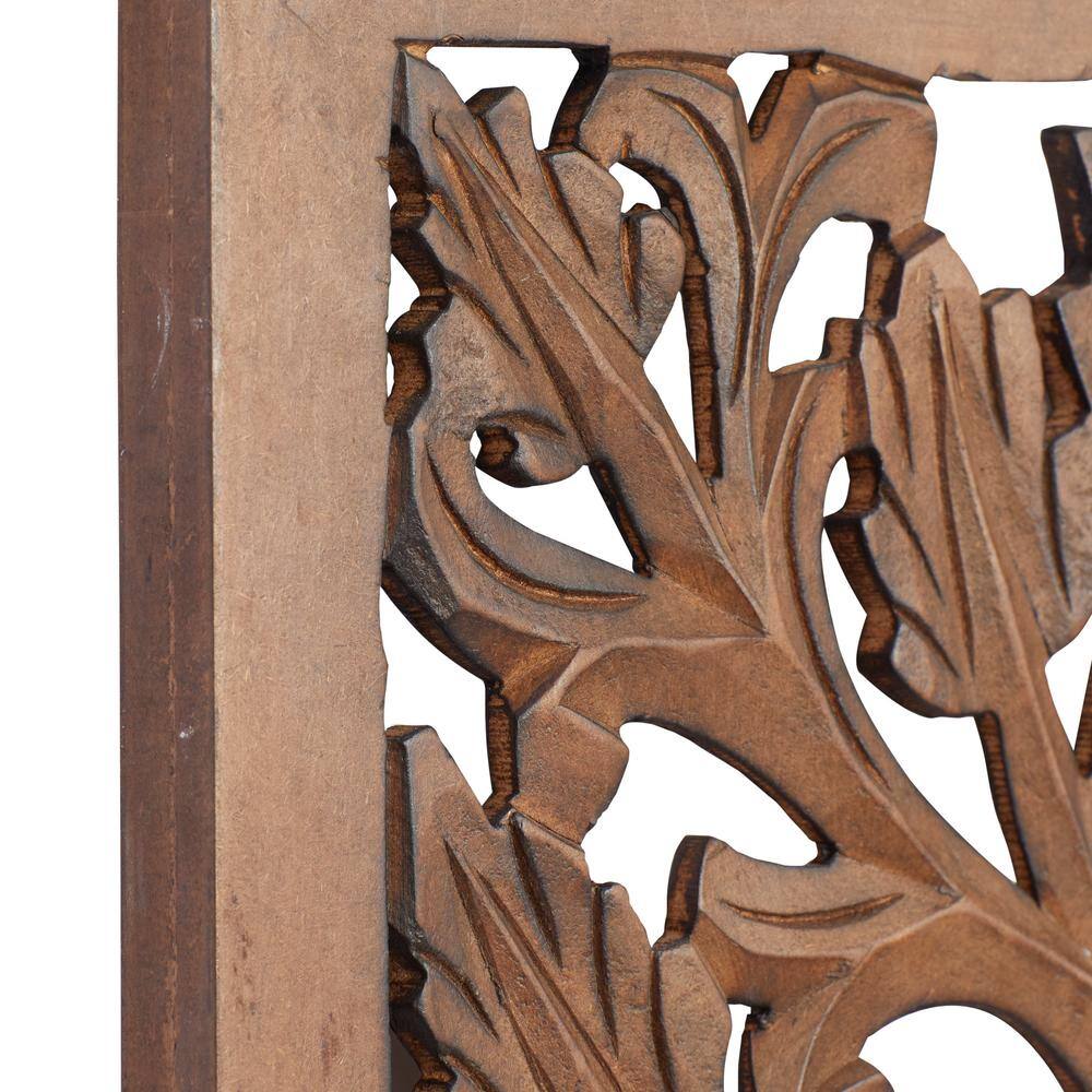 Brown Wood Carved Botanical Rectangular Wall Panel
