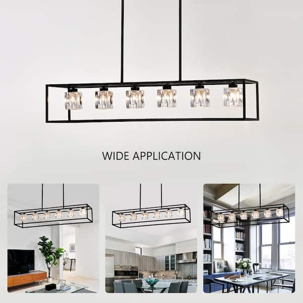 6-light Black Chandelier Rectangular Chandelier Crystal Hanging Lighting for Kitchen Island with G9 Bulbs Included