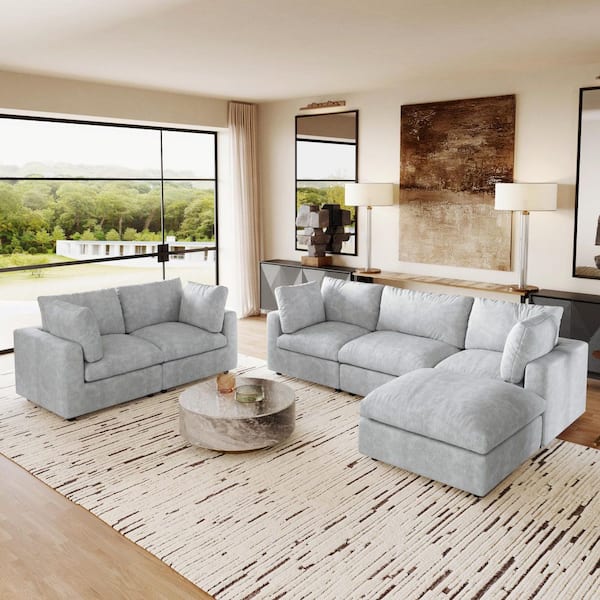 6-Piece Modular Gray Chenille Fabric Cloud Sectional Sofa Living Room Set with Washable Covers, Ottoman, Pine Wood Frame