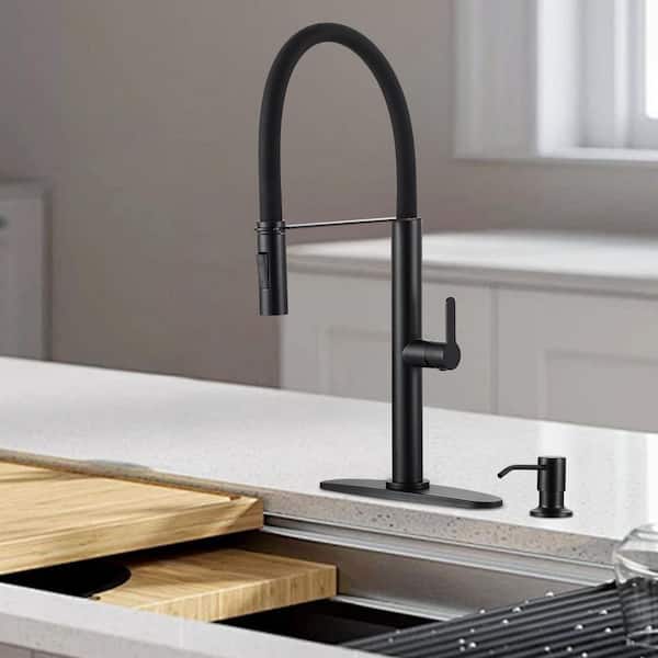 21.2 in. Single Handle Pull Down Sprayer Kitchen Faucet with Soap Dispenser and 360° Spout Swivel in Matte Black