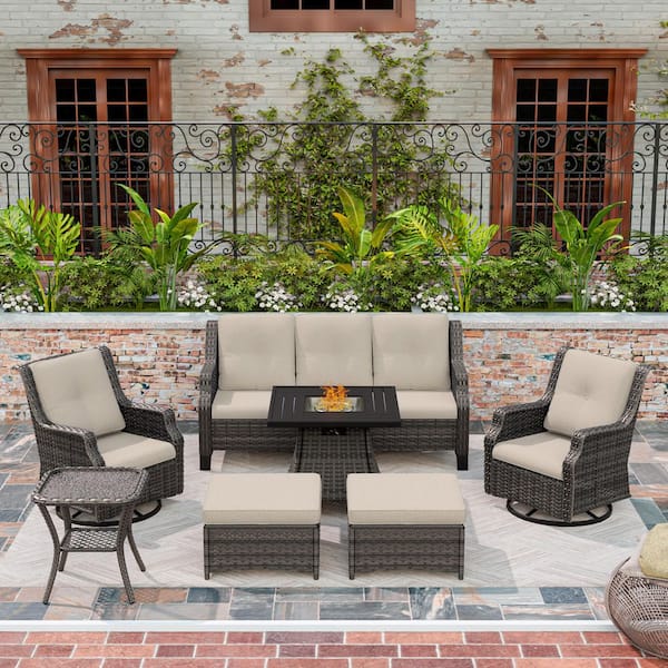 MeetLeisure 7-Piece Wicker Outdoor Patio Fire Pit Seating Sofa Set