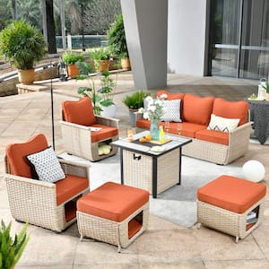 Sierra Beige 6-Piece Wicker Outdoor Multi-Function Patio Conversation Sofa Set with a Fire Pit and Orange Red Cushions