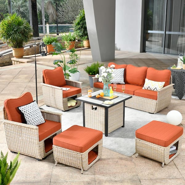 HOOOWOOO Sierra Beige 6-Piece Wicker Outdoor Multi-Function Patio Conversation Sofa Set with a Fire Pit and Orange Red Cushions
