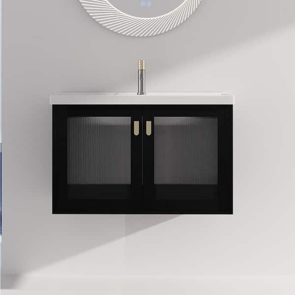 32 in. W x 19 in. D x 21 in. H Floating Bath Vanity in Black with White Ceramic Top