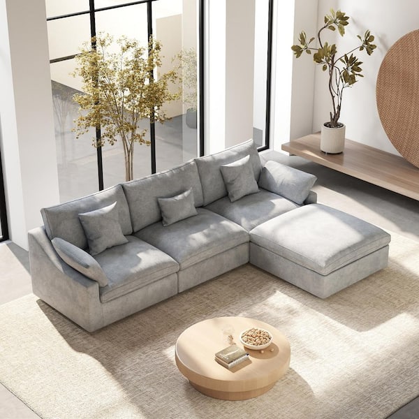 Oversized 119 in. Flared Arm Down Filled Gray Plush Linen Modular L-shaped Cloud Couch Sofa with Ottoman, Washable Cover