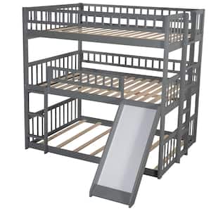 Gray Triple Bunk Beds with Slide, Wooden Bunk beds Frame Full Over Full Over Full Can be Convertible to 3 Beds