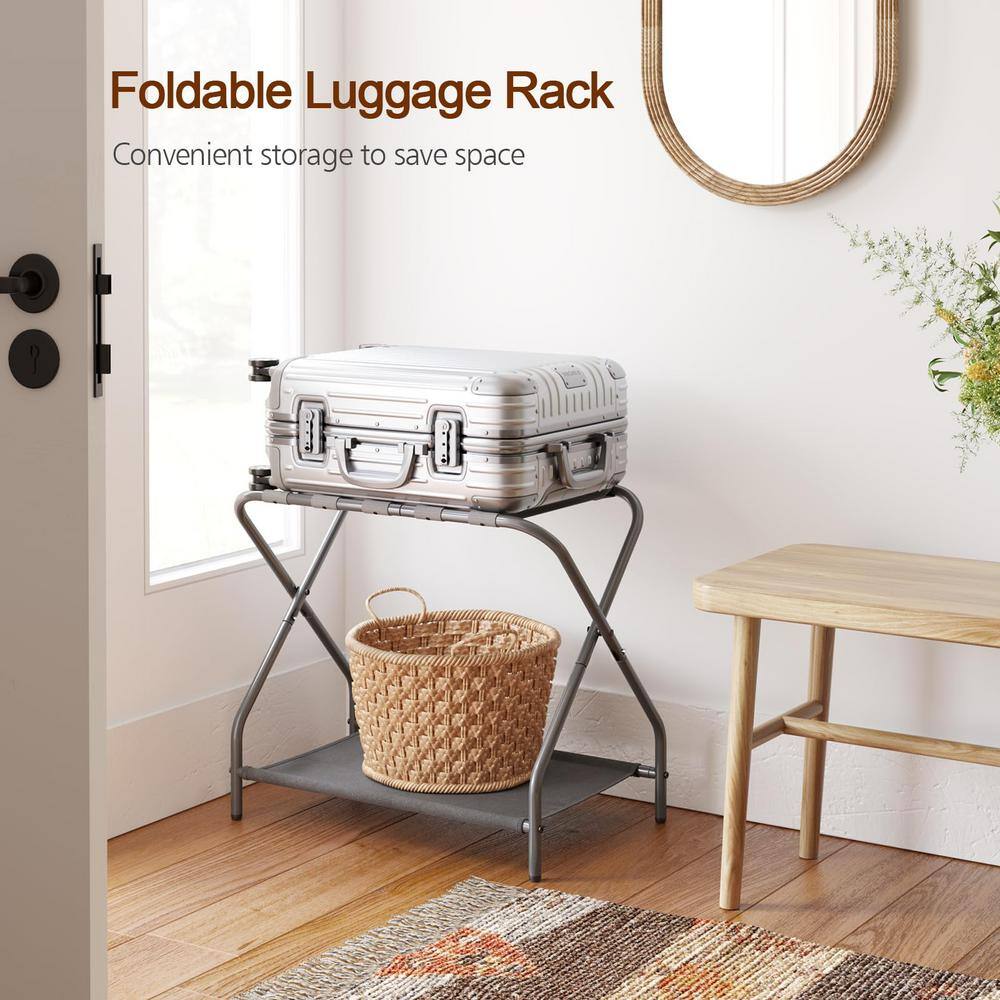 Gray Foldable Metal Luggage Rack with Storage Shelf, Set of 2