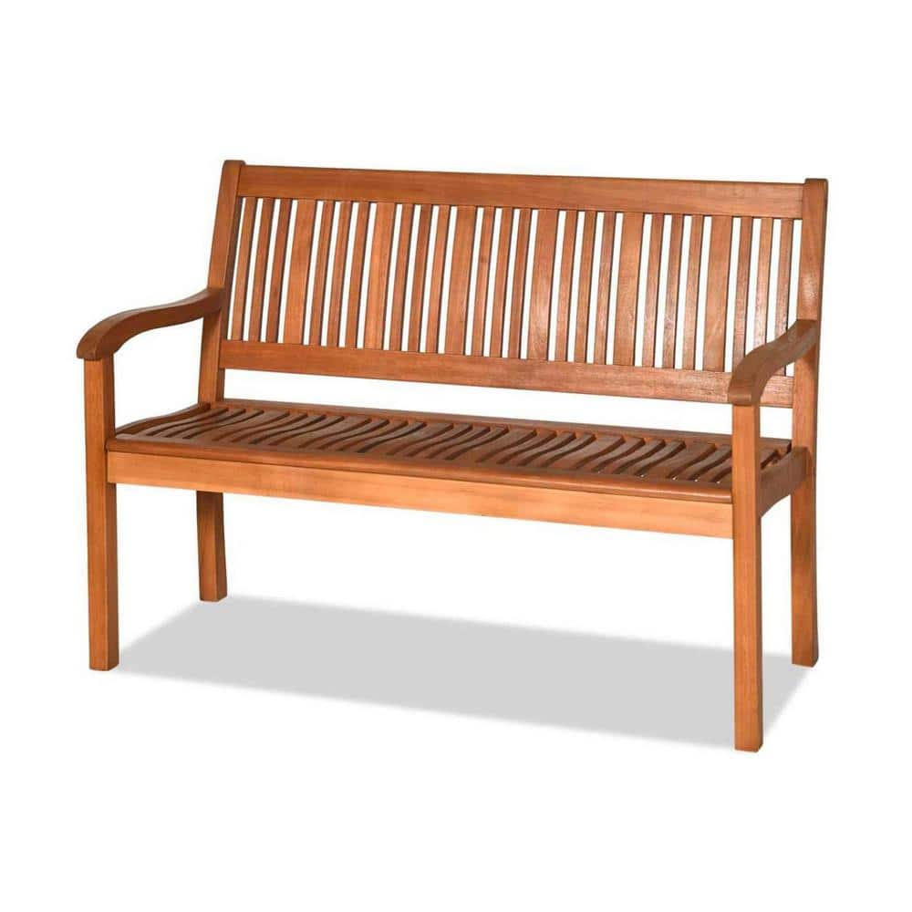 2 Person Natural Wood Outdoor Bench, Solid Wood Garden Bench w/Curved Backr