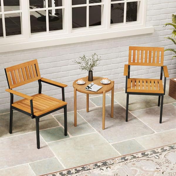 Set of 2 Patio Outdoor Dining Chair with Metal and Acacia Wood Frame in Natural Brown and Black