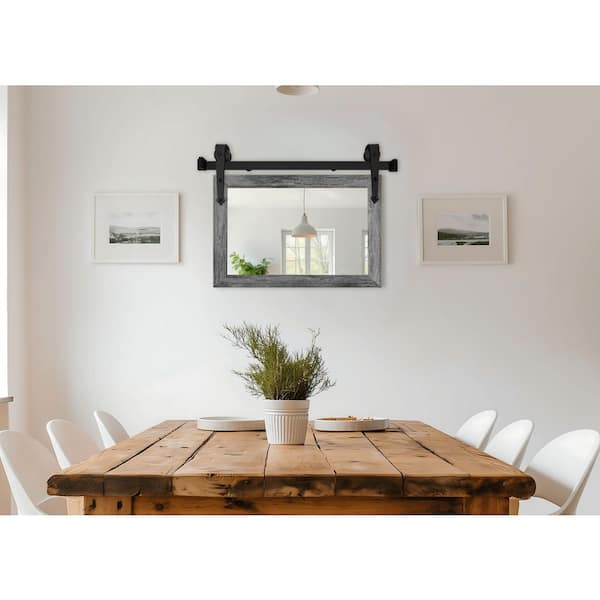 (33 in. W x 24 in. H) Grey Modern Rustic Vertical Mirror with Steel Barn Door Rail