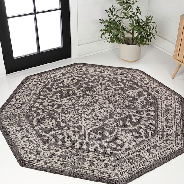 Malta Bohemian Medallion Textured Weave Black/Gray 5 ft. Octagon Indoor/Outdoor Area Rug